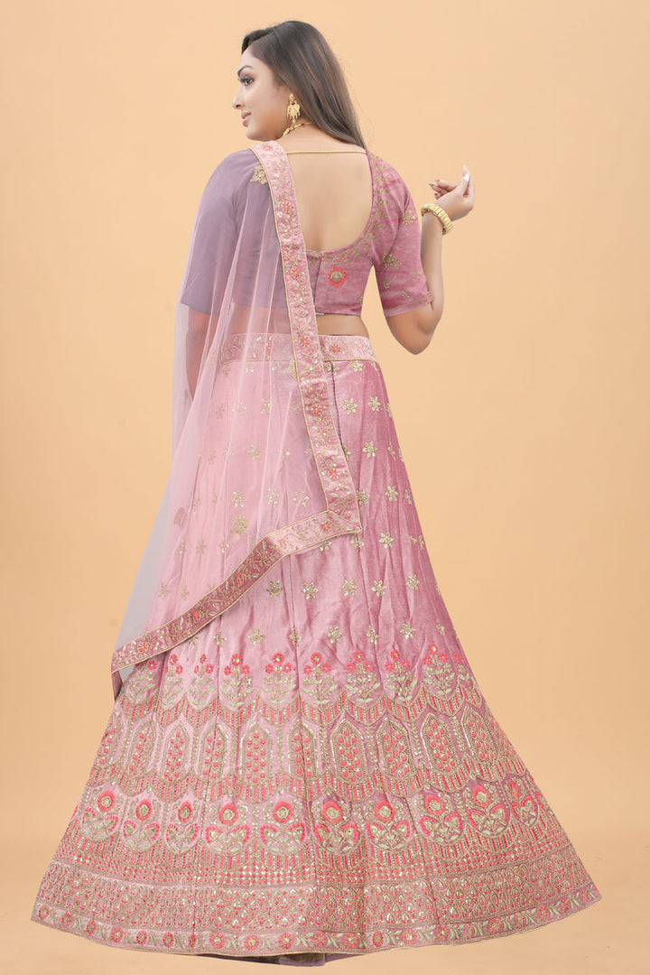 Embroidered Work Pink Color Miraculous Sangeet Wear Velvet Lehenga