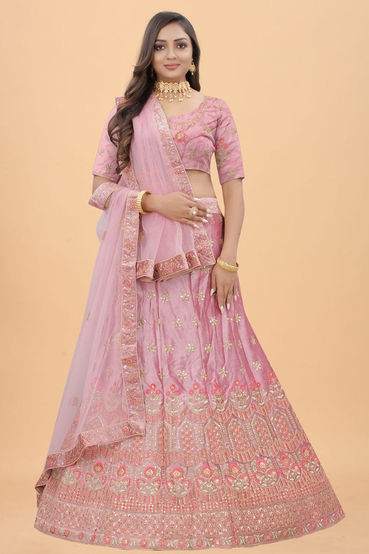 Embroidered Work Pink Color Miraculous Sangeet Wear Velvet Lehenga