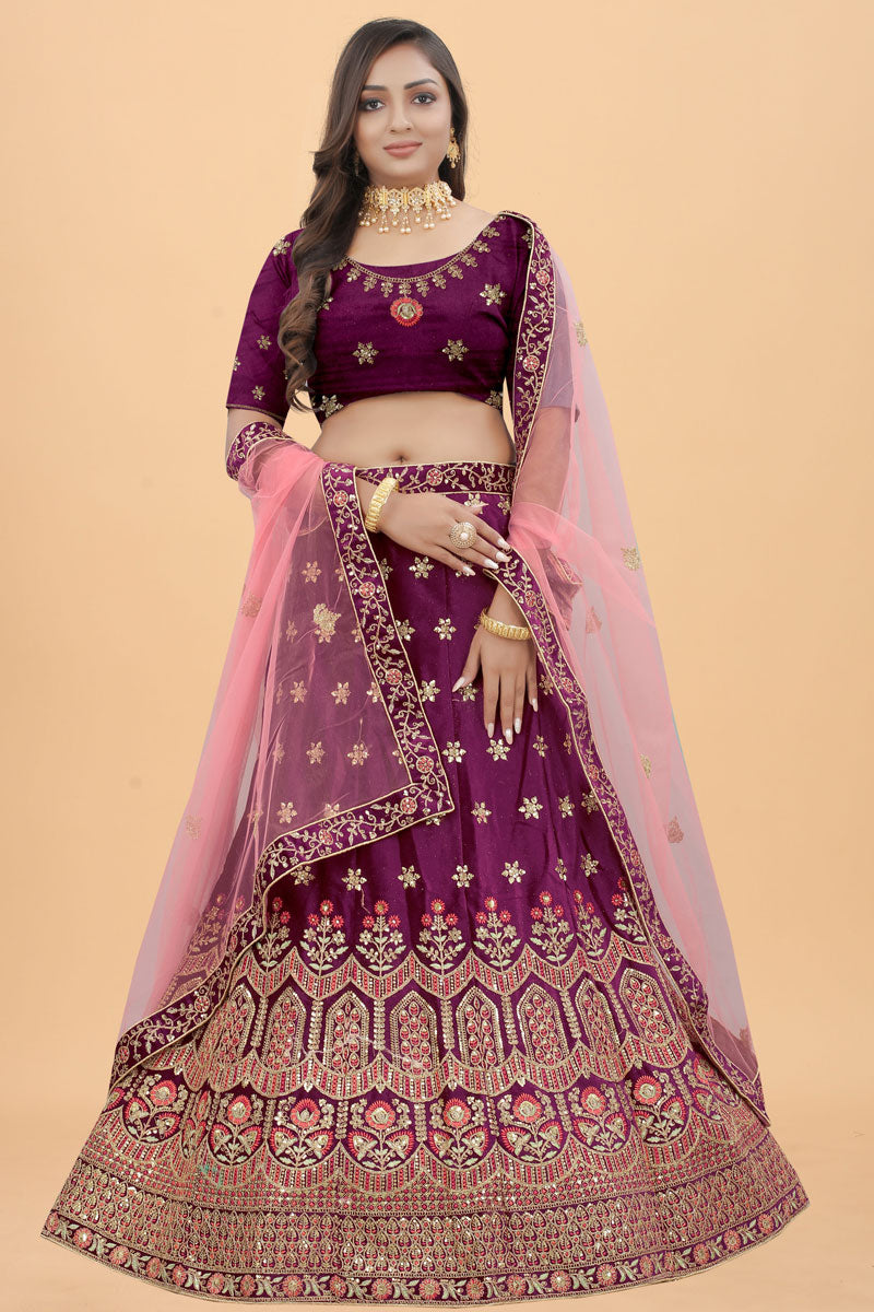 Purple Color Embroidered Work Sangeet Wear Phenomenal Velvet Lehenga