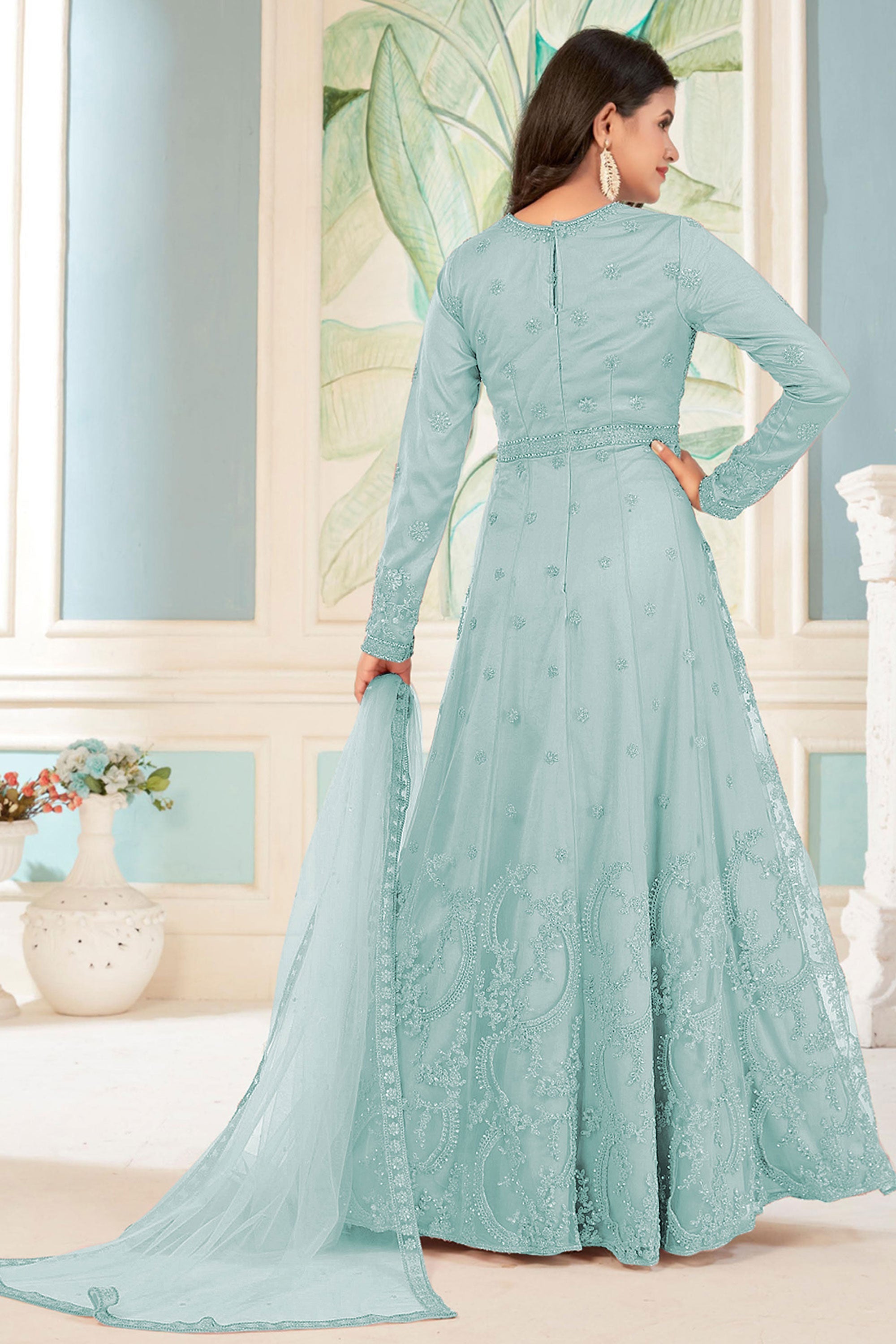 Embroidered Cyan Color Anarkali Suit In Net Fabric