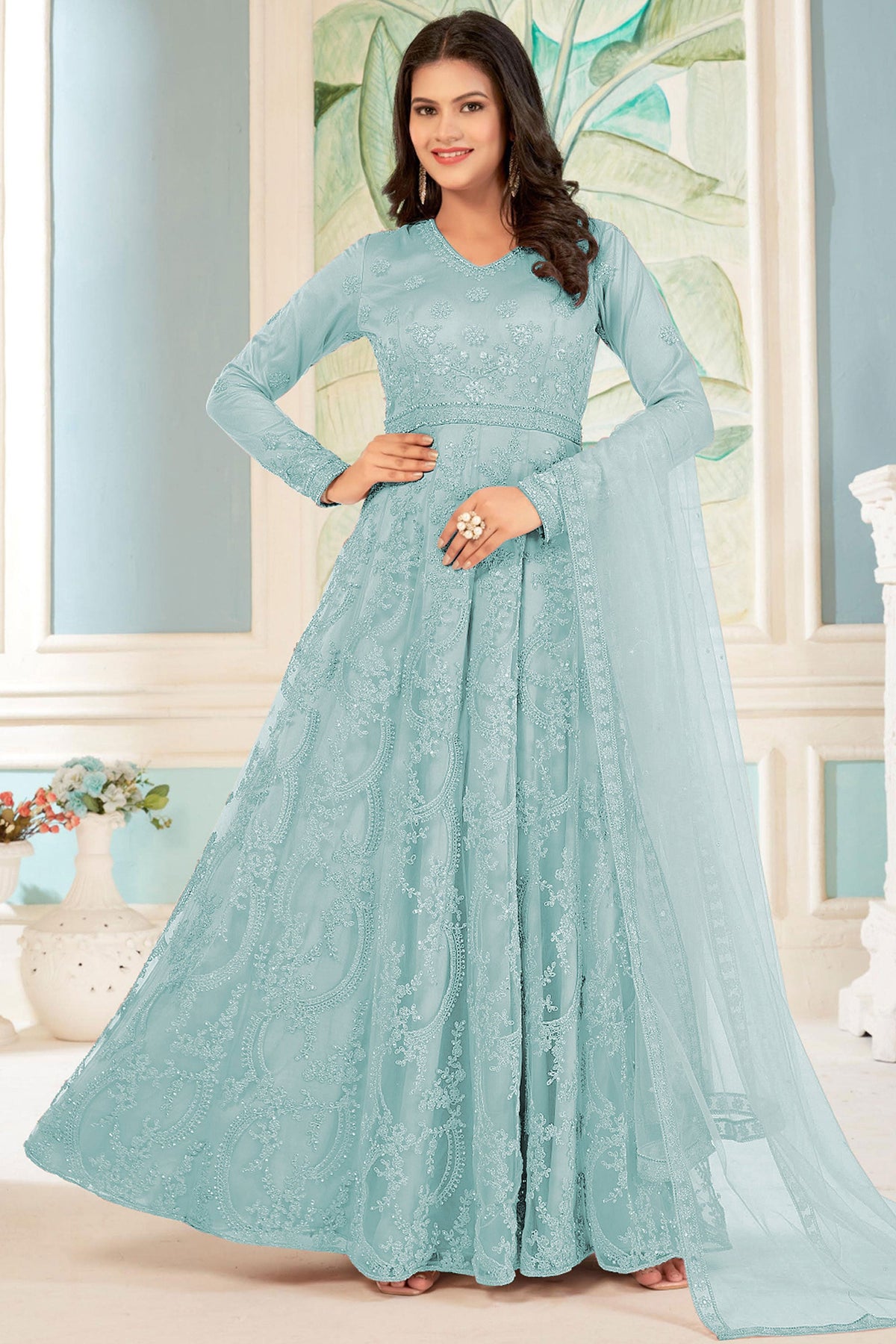 Embroidered Cyan Color Anarkali Suit In Net Fabric