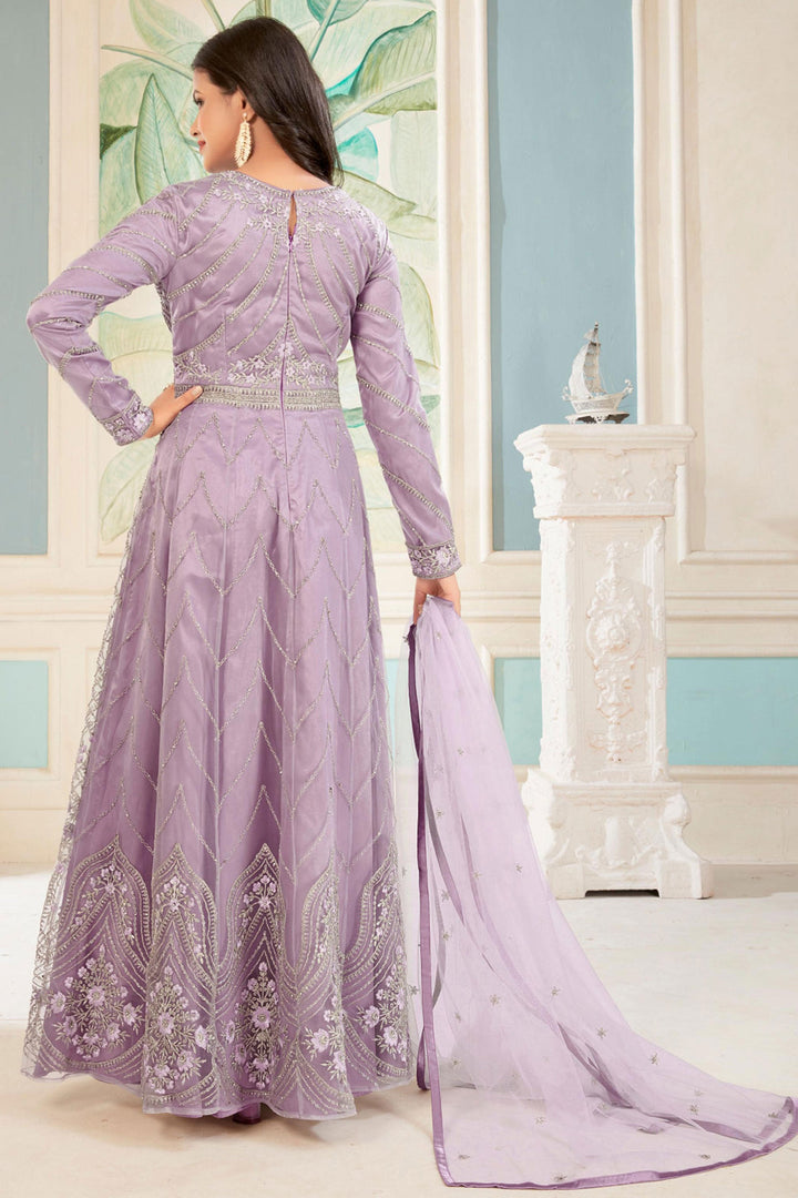 Sangeet Wear Lavender Color Embroidered Long Anarkali Suit In Net Fabric