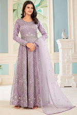 Load image into Gallery viewer, Sangeet Wear Lavender Color Embroidered Long Anarkali Suit In Net Fabric
