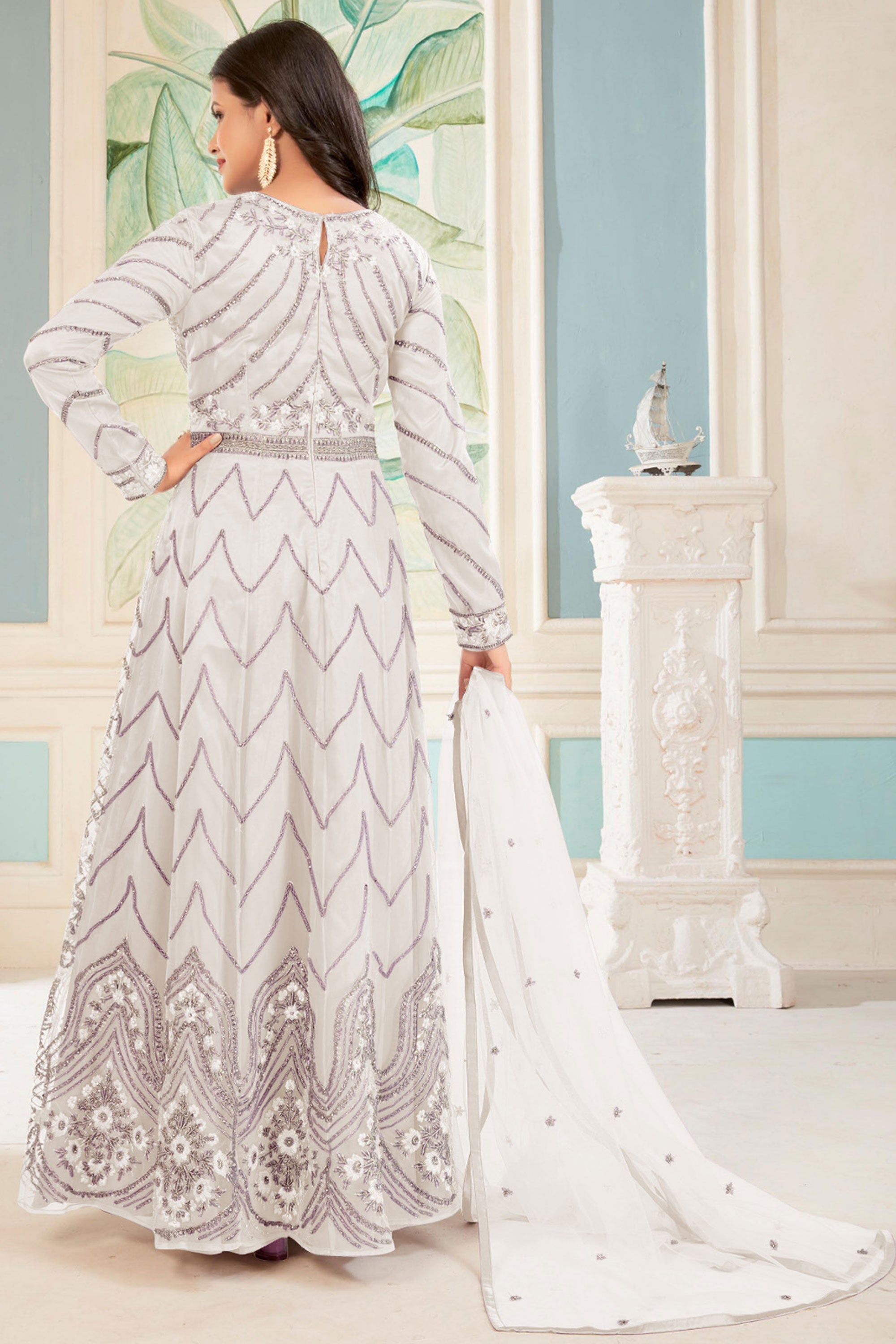 Net Fabric Sangeet Wear Embroidered Long Anarkali Suit In White Color