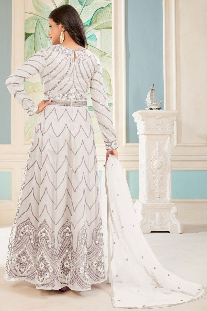 Net Fabric Sangeet Wear Embroidered Long Anarkali Suit In White Color