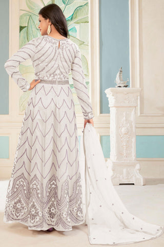 Net Fabric Sangeet Wear Embroidered Long Anarkali Suit In White Color