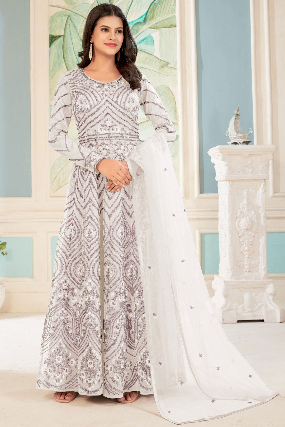 Net Fabric Sangeet Wear Embroidered Long Anarkali Suit In White Color