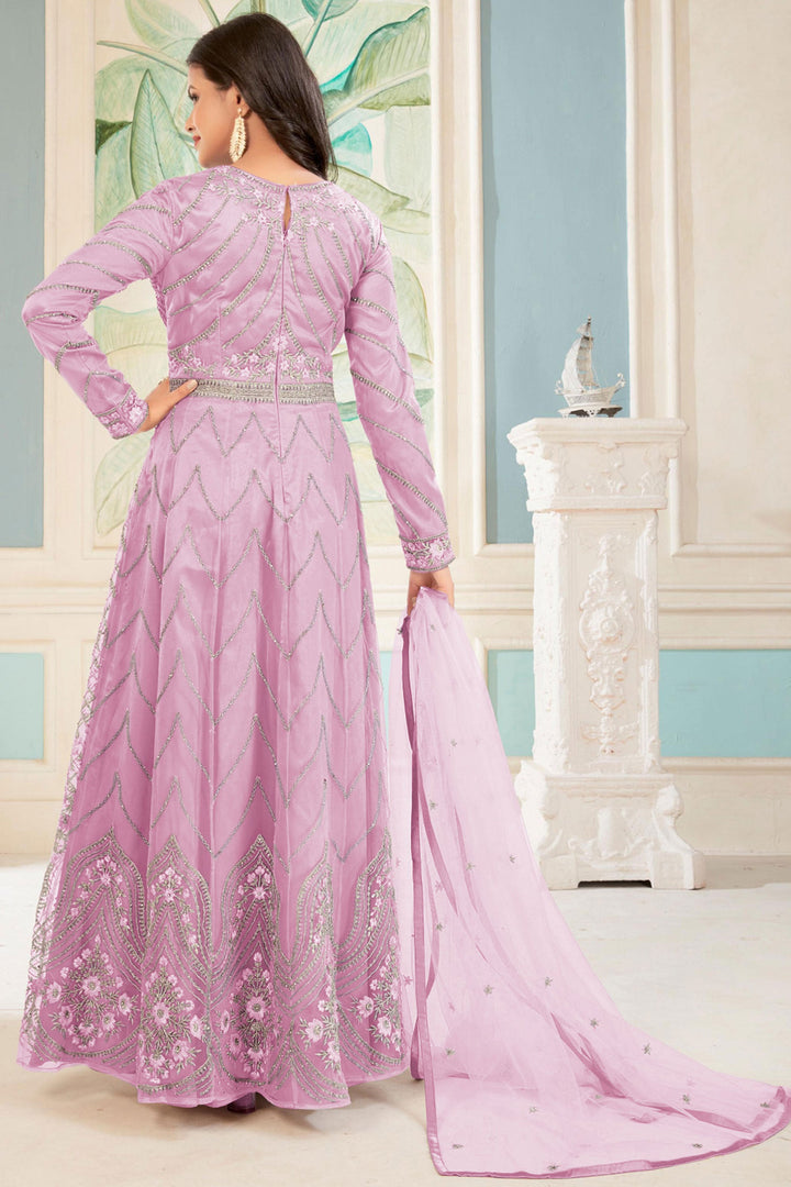 Embroidered Pink Color Sangeet Function Long Anarkali Suit In Net Fabric