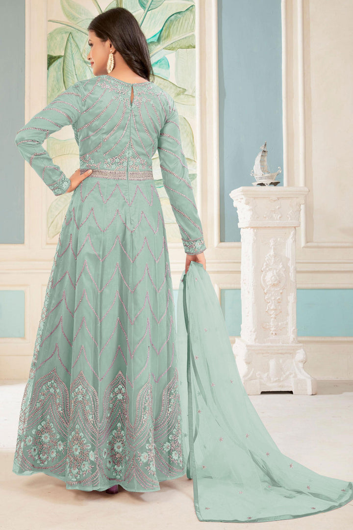 Light Cyan Color Embroidered Net Fabric Long Anarkali Suit