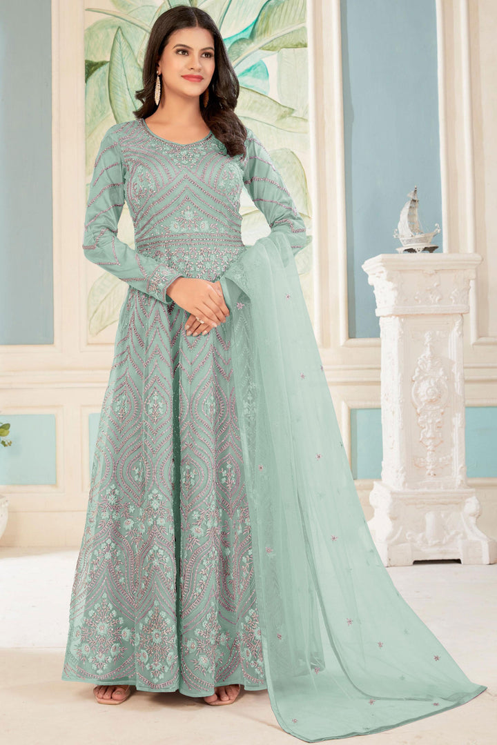 Light Cyan Color Embroidered Net Fabric Long Anarkali Suit