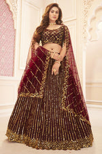 Load image into Gallery viewer, Wine Color Function Wear Sequins Work Lehenga In Satin Silk Fabric
