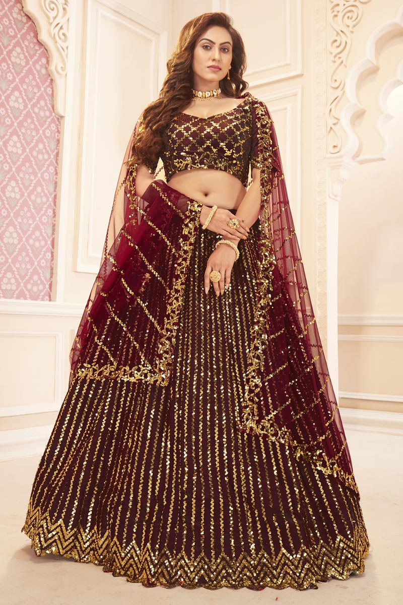 Wine Color Function Wear Sequins Work Lehenga In Satin Silk Fabric