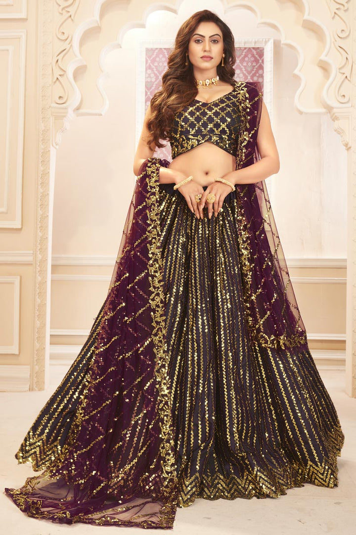 Teal Color Function Wear Satin Silk Sequins Work Lehenga Choli