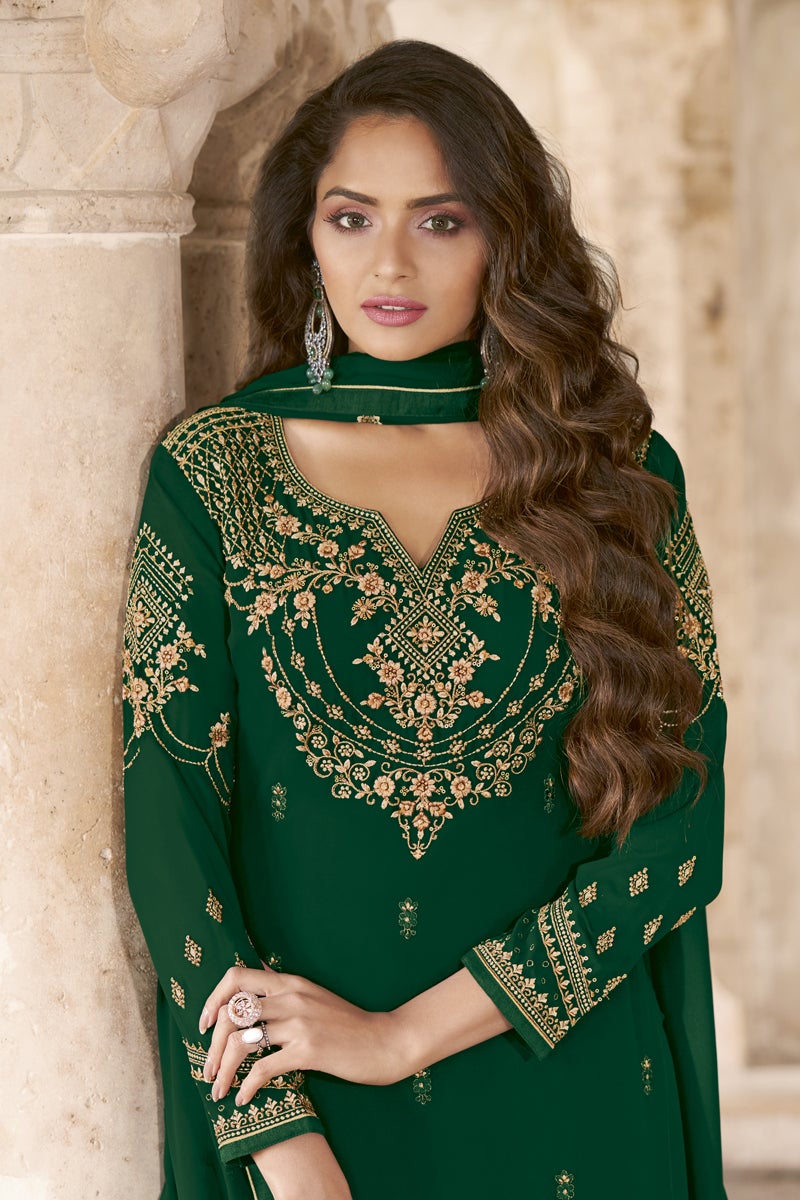 Georgette Fabric Festive Wear Dark Green Color Embroidered Designer Salwar Suit