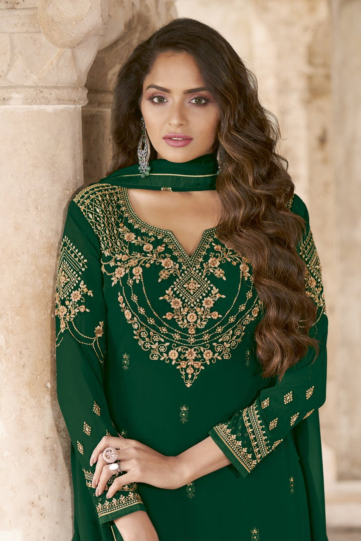 Georgette Fabric Festive Wear Dark Green Color Embroidered Designer Salwar Suit