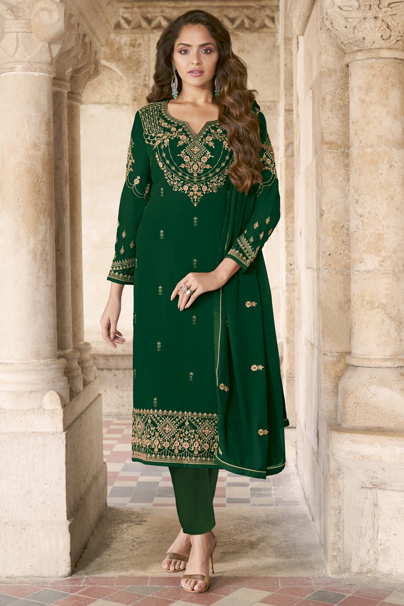Georgette Fabric Festive Wear Dark Green Color Embroidered Designer Salwar Suit