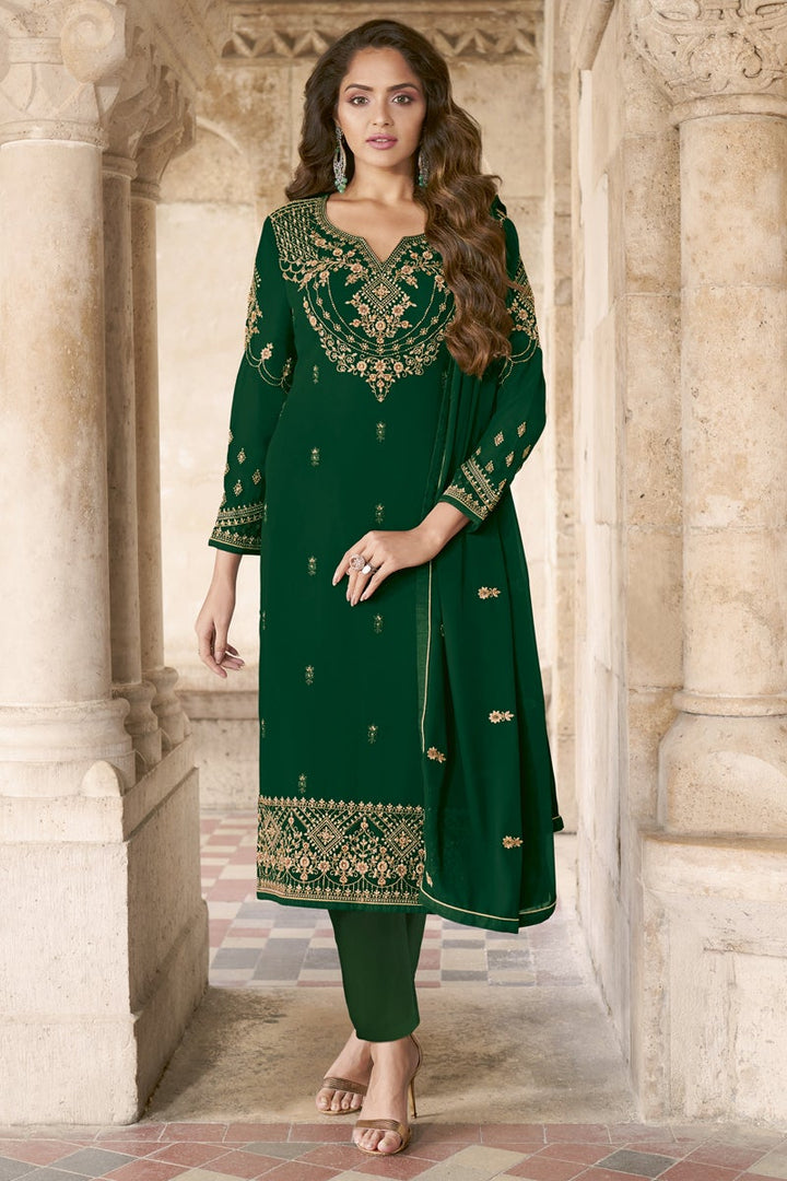 Georgette Fabric Festive Wear Dark Green Color Embroidered Designer Salwar Suit