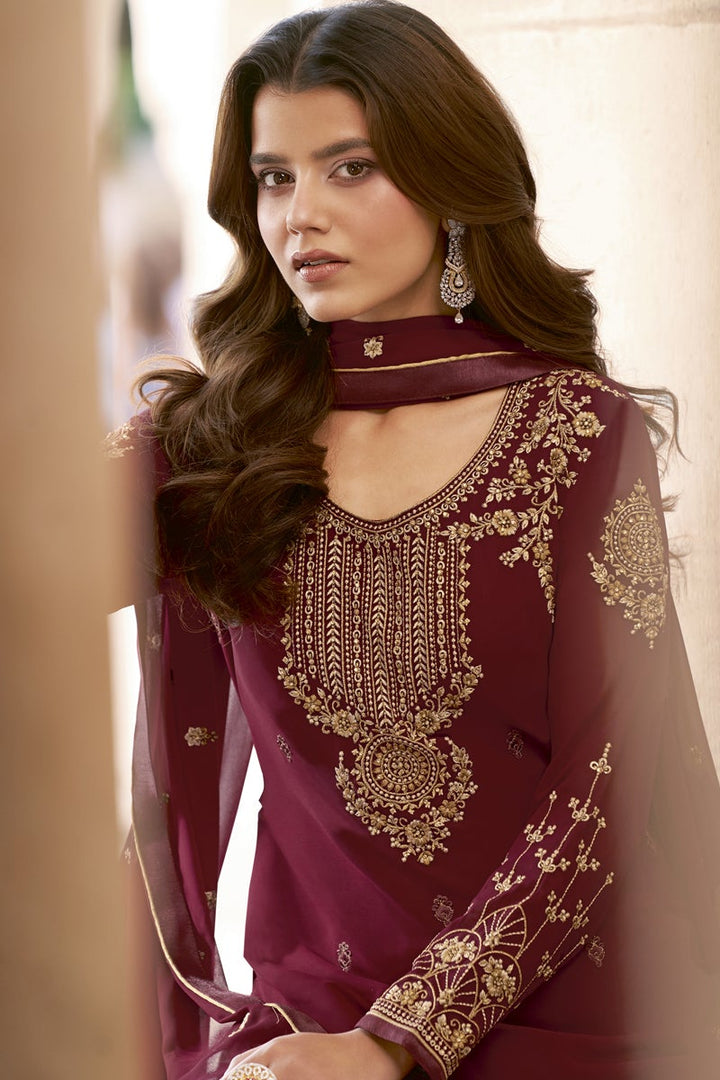 Embroidered Maroon Color Function Wear Georgette Fabric Designer Salwar Suit