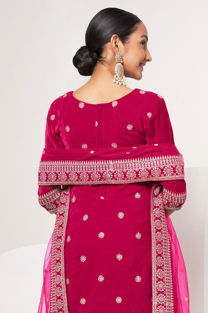 Rani Color Embroidered Festive Wear Salwar Suit In Velvet Fabric