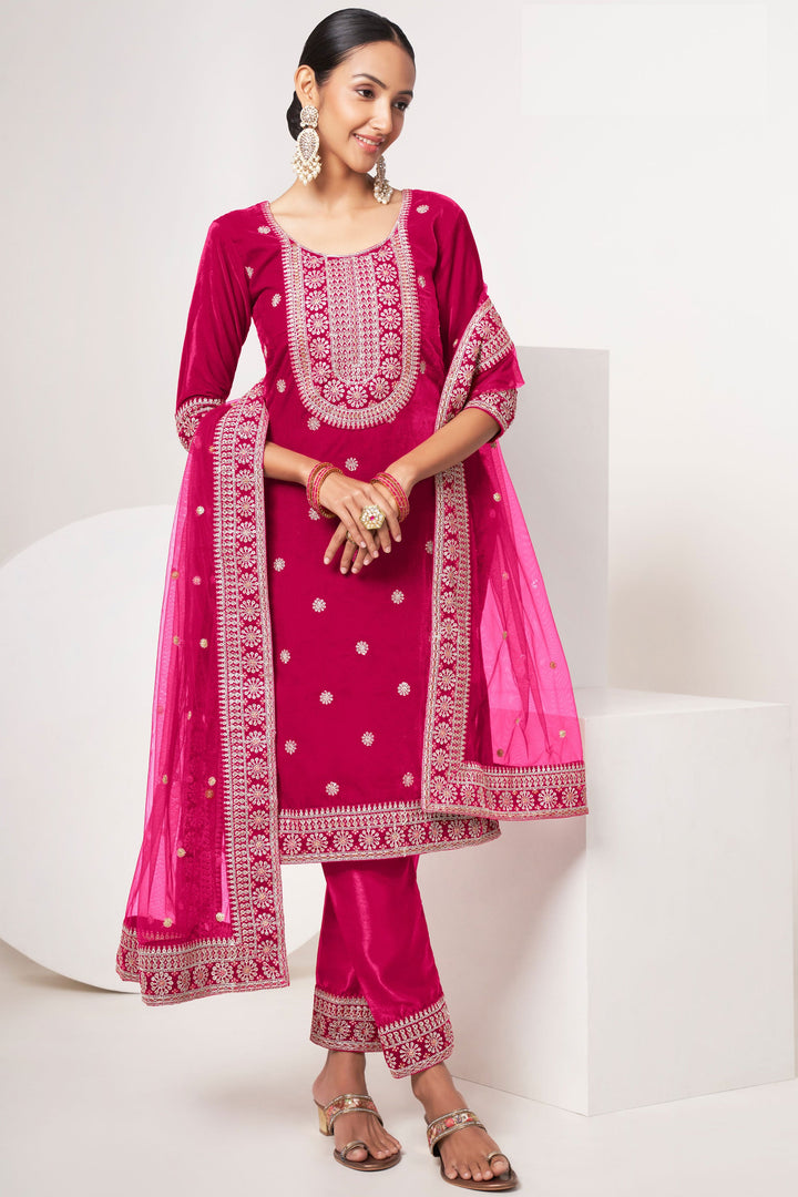 Rani Color Embroidered Festive Wear Salwar Suit In Velvet Fabric