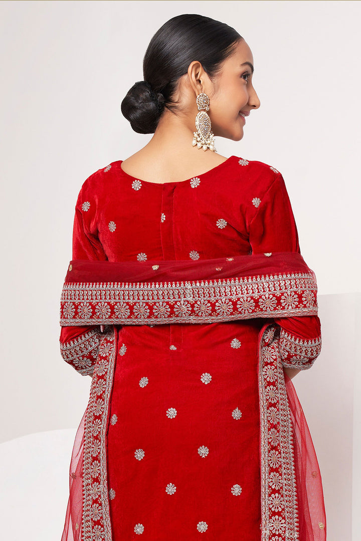 Velvet Fabric Function Wear Embroidered Salwar Kameez In Red Color