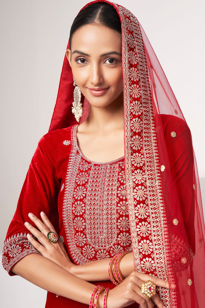 Velvet Fabric Function Wear Embroidered Salwar Kameez In Red Color