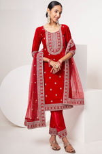 Load image into Gallery viewer, Velvet Fabric Function Wear Embroidered Salwar Kameez In Red Color