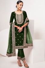 Load image into Gallery viewer, Embroidered Velvet Fabric Salwar Kameez In Dark Green Color