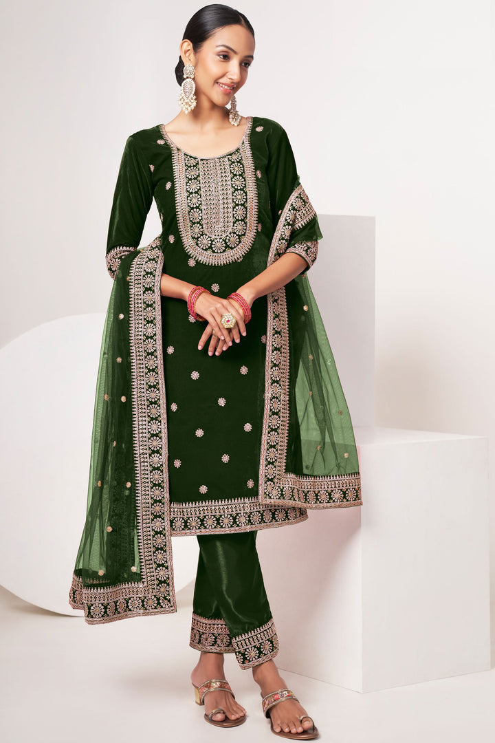 Embroidered Velvet Fabric Salwar Kameez In Dark Green Color