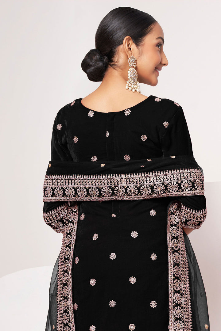 Black Color Embroidered work Suit In Velvet Fabric