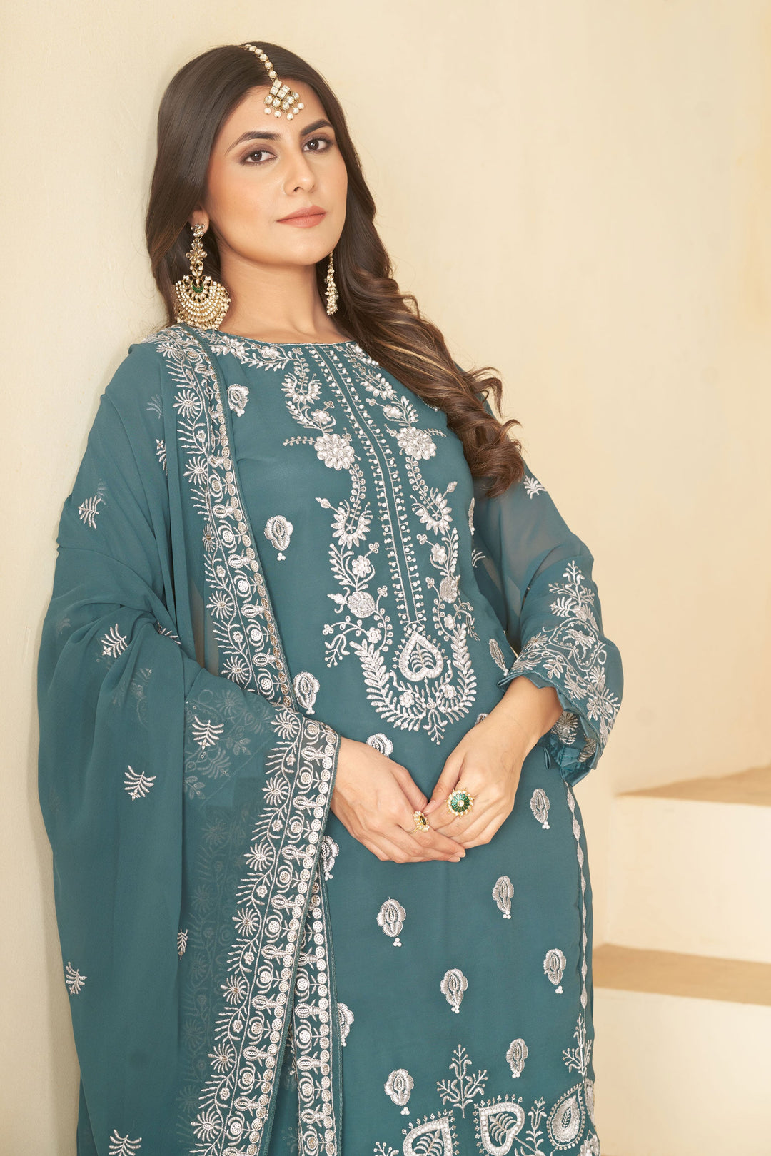 Excellent Georgette Fabric Teal Color Festive Look Salwar Suit | Buy Online India