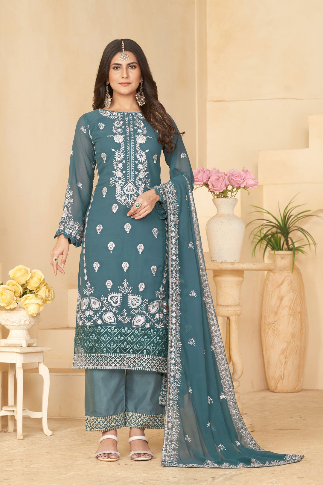 Excellent Georgette Fabric Teal Color Festive Look Salwar Suit | Buy Online India