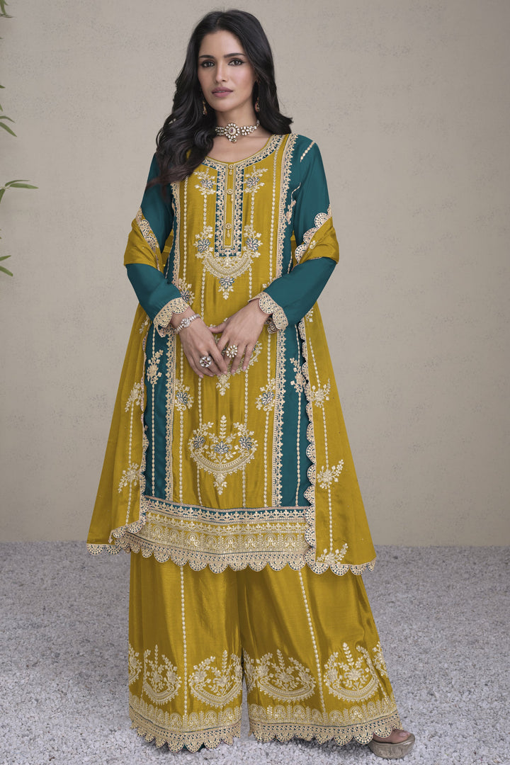 Vartika Singh Chinon Fabric Luxurious Readymade Palazzo Suit In Yellow Color