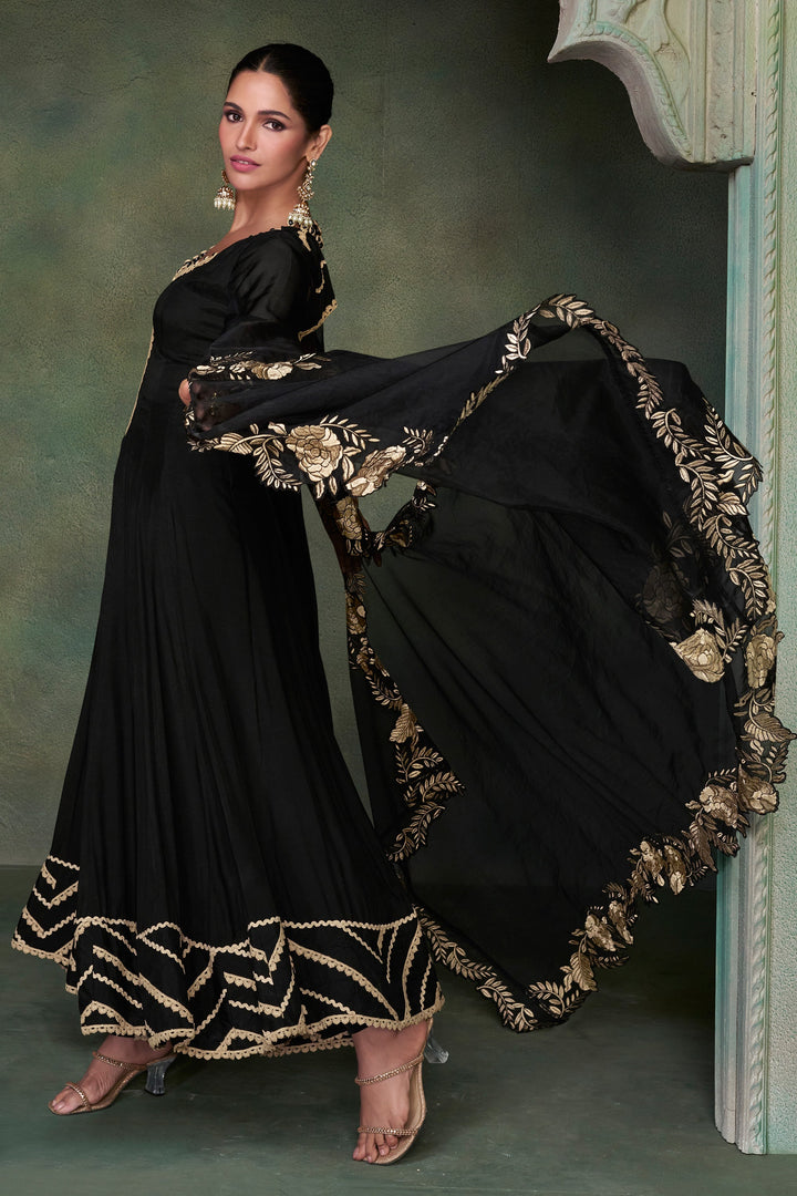 Black Color Embroidered Readymade Silk Fabric Anarkali Style Long Gown With Dupatta