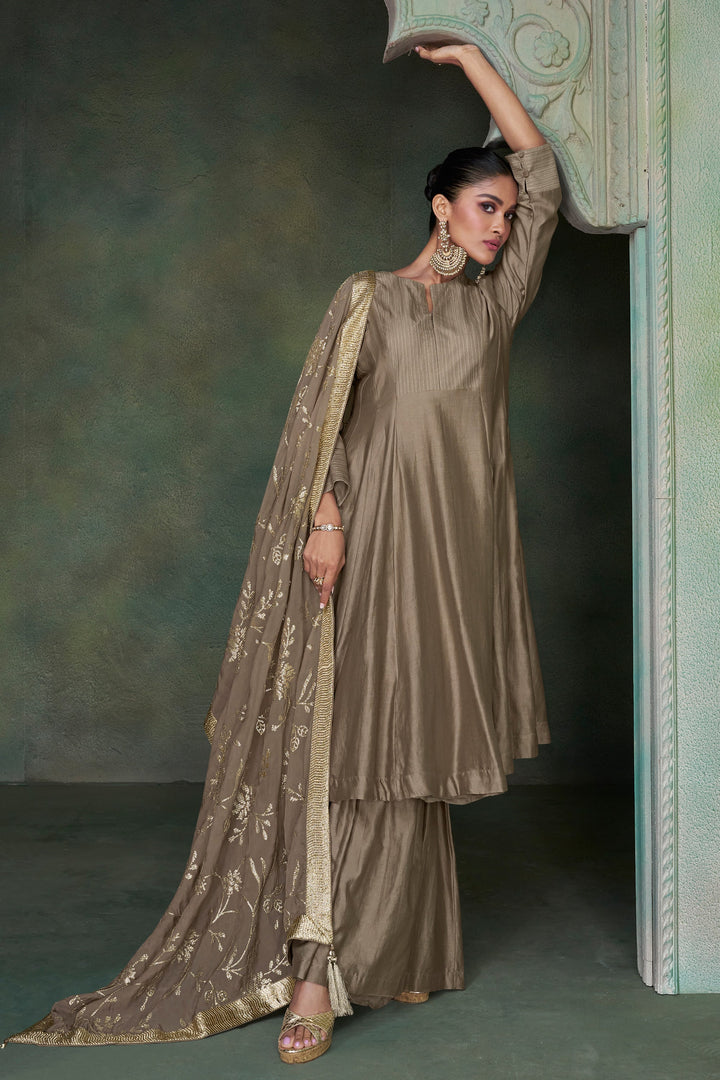 Brown Color Silk Fabric Embroidered Readymade Palazzo Salwar Kameez