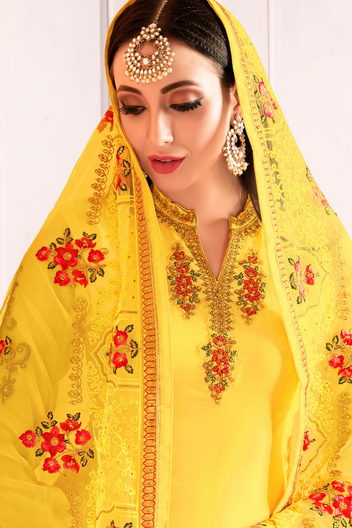 Satin Georgette Fabric Patiala Suit In Yellow Color With Embroidered Work