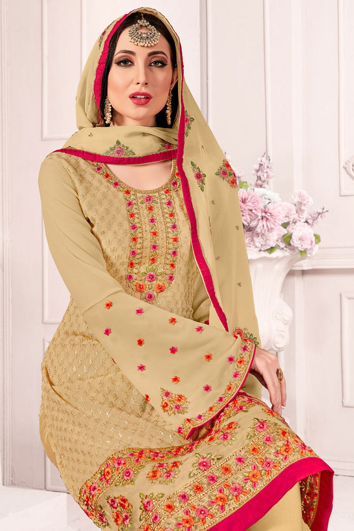 Beige Color Embroidered Work Function Wear Salwar Kameez In Georgette Fabric