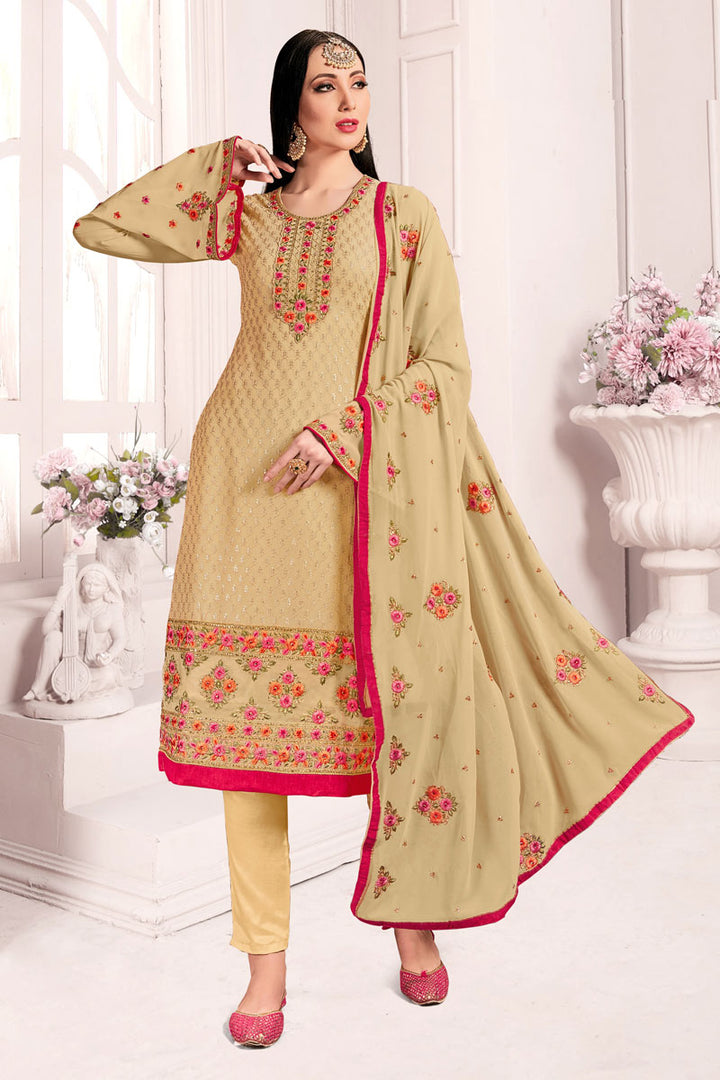 Beige Color Embroidered Work Function Wear Salwar Kameez In Georgette Fabric
