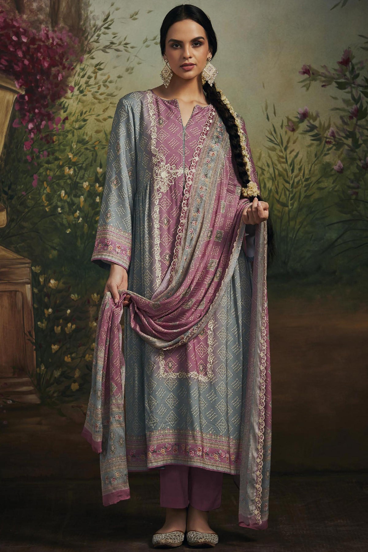 Grey Color Printed Salwar Suit In Art Silk Fabric