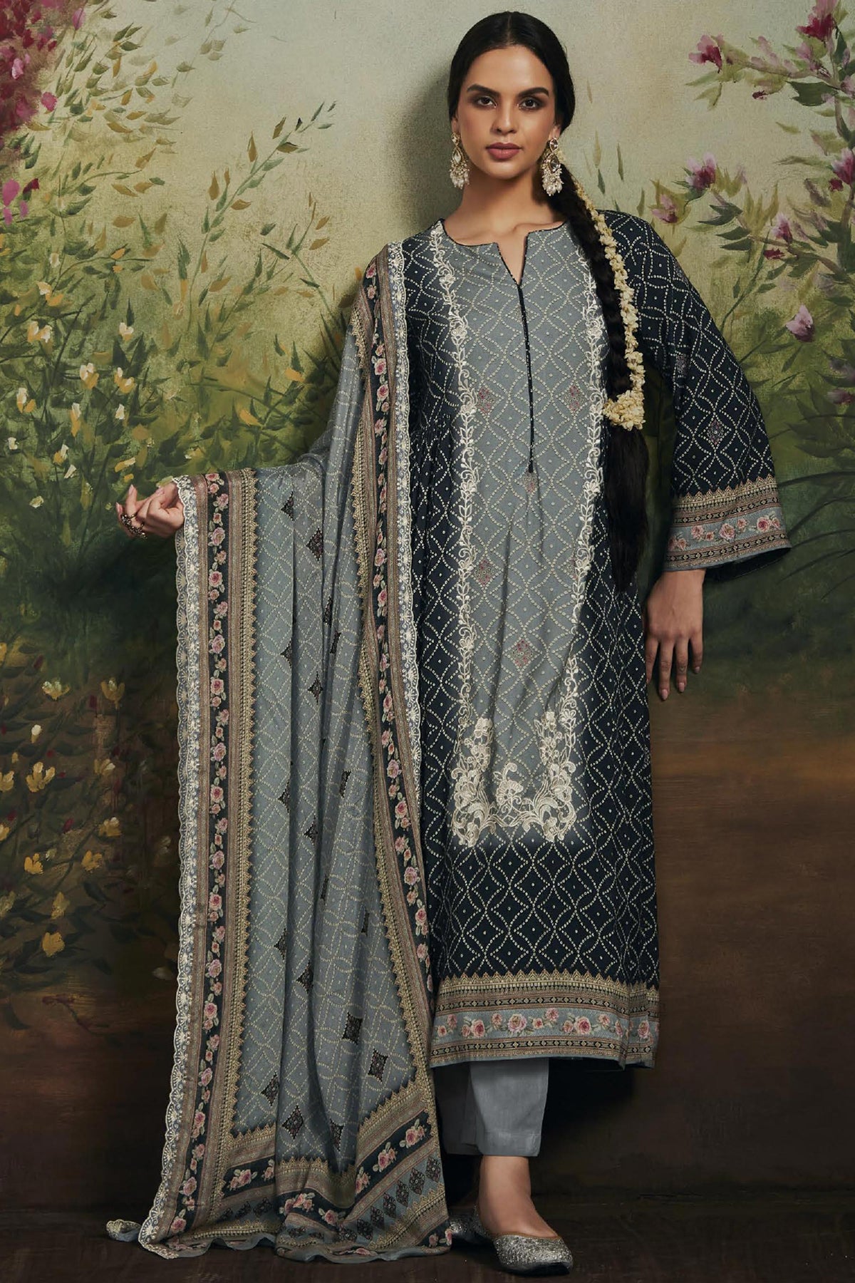 Black Color Printed Salwar Suit In Art Silk Fabric