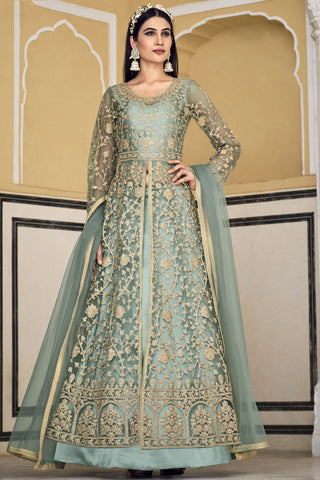 Embroidered Light Cyan Color Net Fabric Sharara Top Lehenga