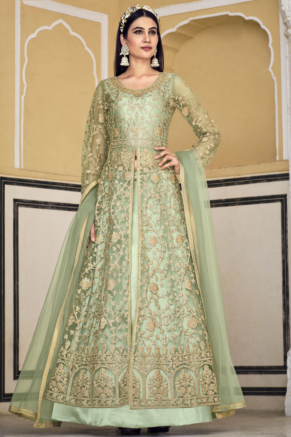 Net Fabric Sea Green Color Sharara Top Lehenga With Embroidery Work