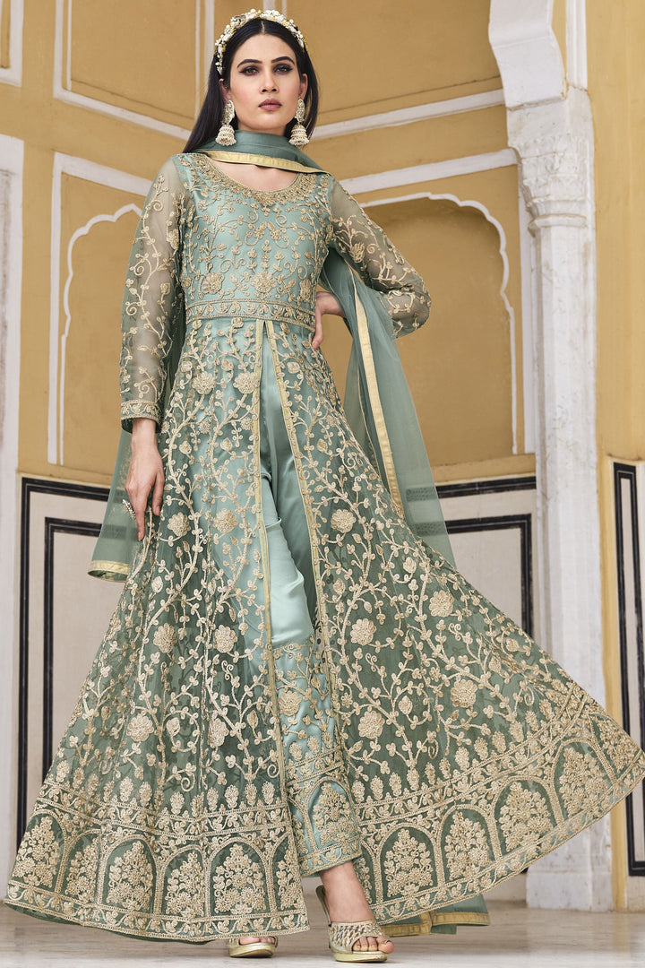 Light Cyan Color Alluring Party Style Anarkali Salwar Kameez In Net Fabric