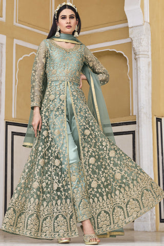 Light Cyan Color Alluring Party Style Anarkali Salwar Kameez In Net Fabric