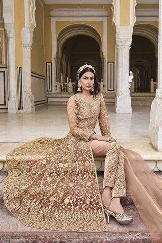 Net Fabric Party Style Elegant Peach Color  Anarkali Salwar Suit