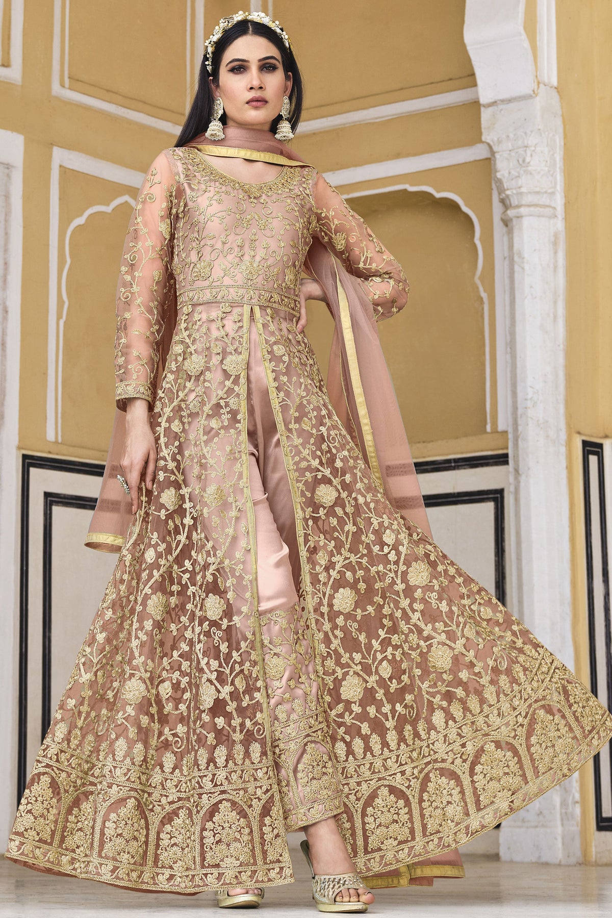 Net Fabric Party Style Elegant Peach Color  Anarkali Salwar Suit