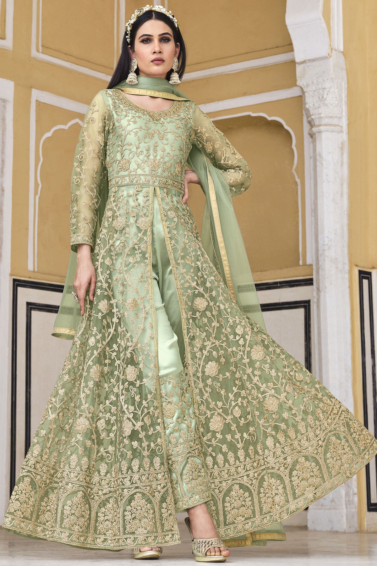 Sea Green Color Net Fabric Classic Party Style Anarkali Suit