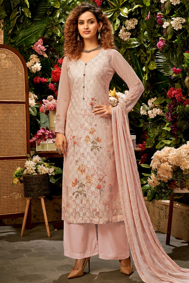 Viscose Fabric Printed Festive Wear Palazzo Suit In Peach Color