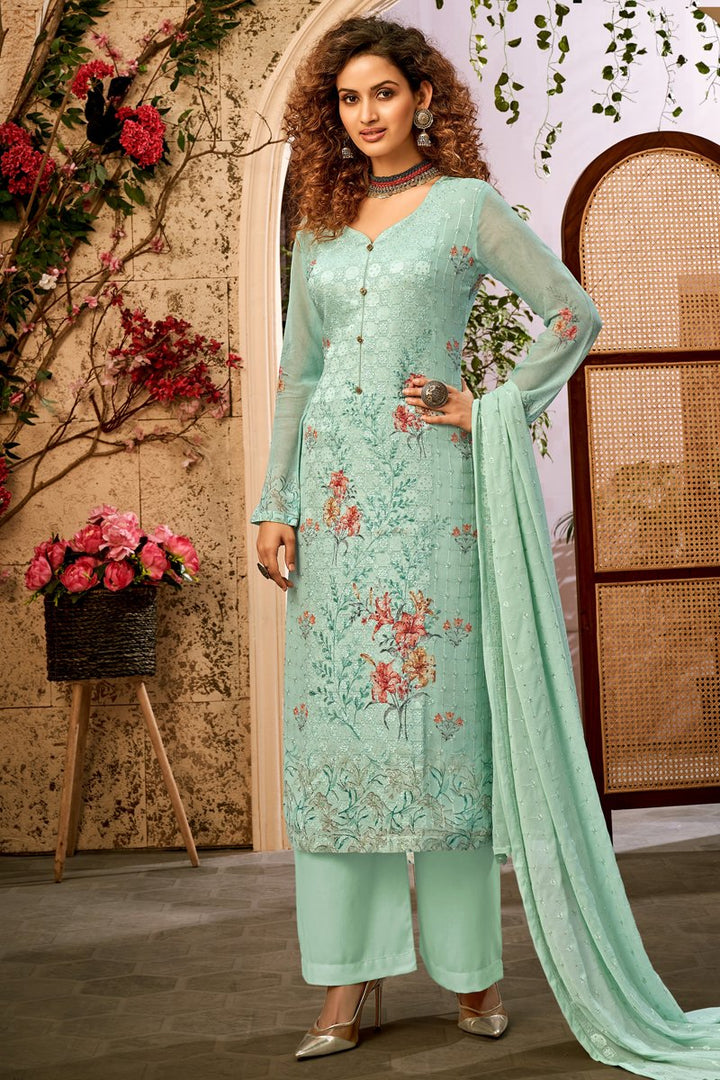 Light Cyan Color Function Wear Printed Viscose Fabric Palazzo Suit