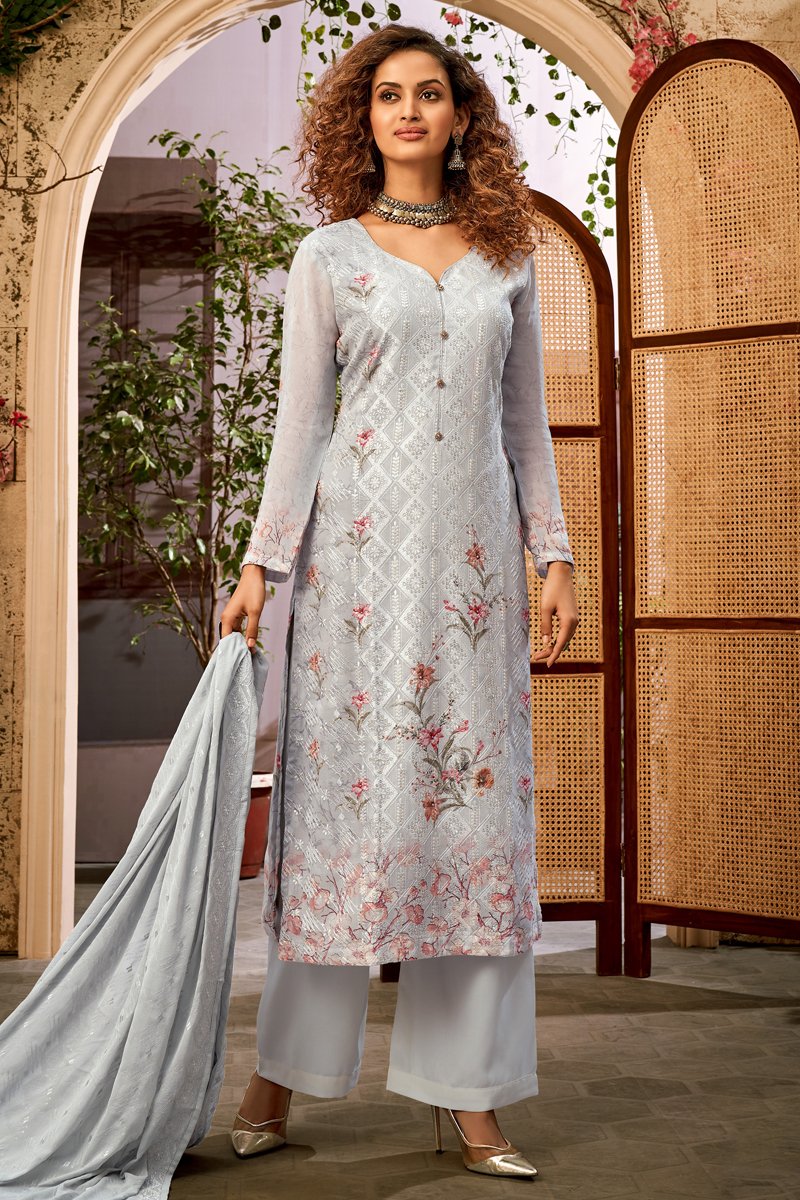 Viscose Fabric Party Wear Grey Color Printed Palazzo Suit